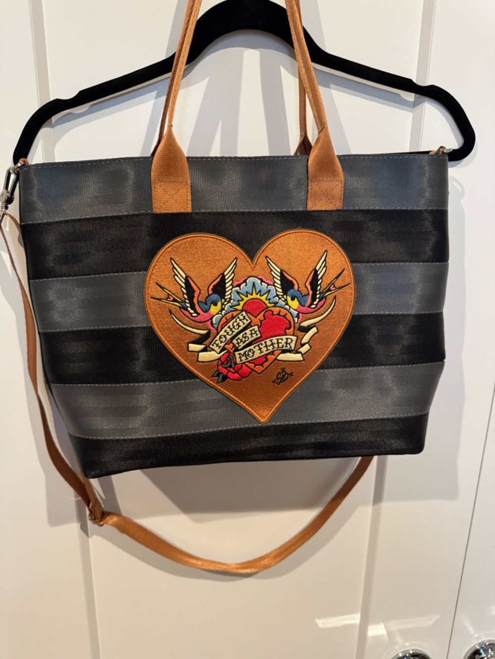 HARVEYS Limited Edition: Striped Black SealtbeltBag with Embroidered Heart Patch
